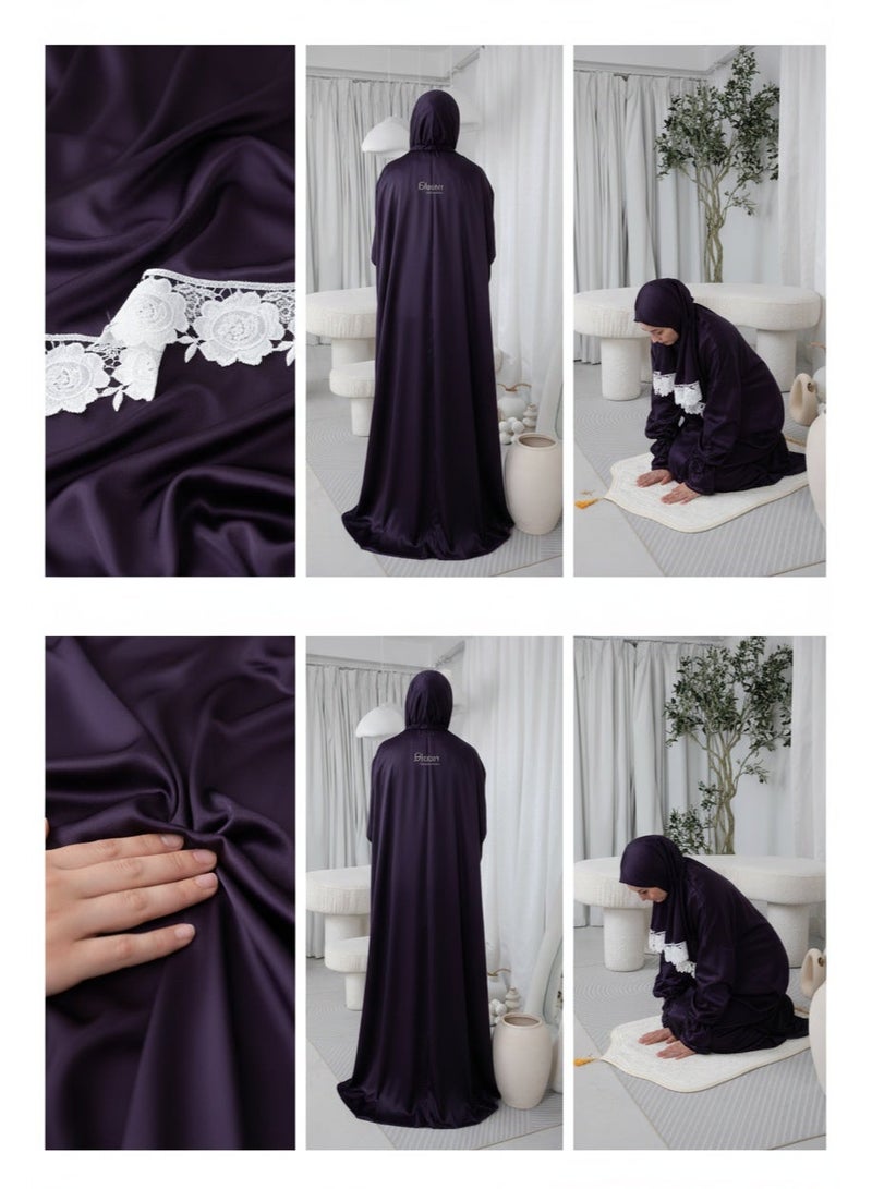 KESSAA Lamar Women’s Premium Prayer Isdal – Armani Silk Full-Coverage Salah Dress with Integrated Head Scarf | Non-Transparent Lightweight Fabric | Free Size Fits S–2XL | Modest Islamic Wear - Dark-Purple - Image 4