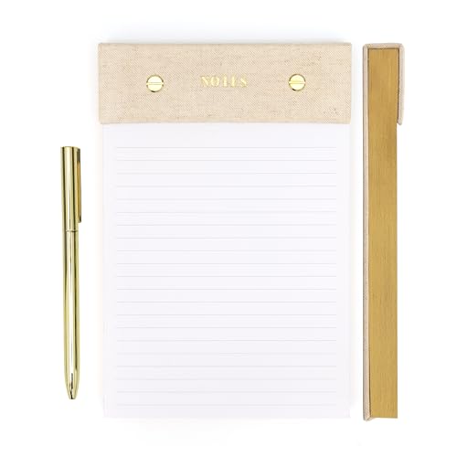 ELYN Lined Notepad, Aesthetic Linen Memo Pad With Matching Gold Gel Pen, 125 Sheets, 8.1 x 5.3 in - 100 GSM Premium Thick Paper, Perforated Pages & Hard Linen Backing, For Work, School or Home (Linen) - Image 1