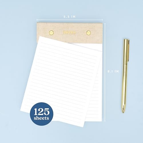 ELYN Lined Notepad, Aesthetic Linen Memo Pad With Matching Gold Gel Pen, 125 Sheets, 8.1 x 5.3 in - 100 GSM Premium Thick Paper, Perforated Pages & Hard Linen Backing, For Work, School or Home (Linen) - Image 2