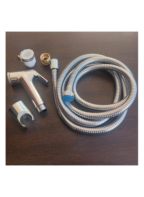 Travel bathroom shattaf with an Italian 2 meter hose, including the bidet and a compatible brass adapter to work with any mixer nozzle.