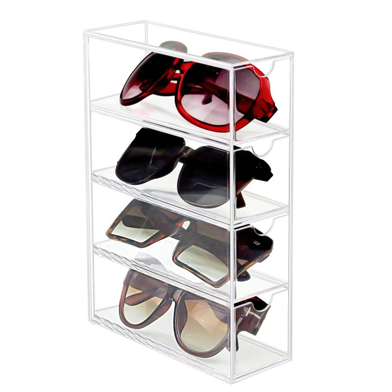 Tasybox Sunglasses Organizer Acrylic Eyeglass Case Clear Eyeglass Holder Eyewear Display Case with 4 Drawers for Women and Men