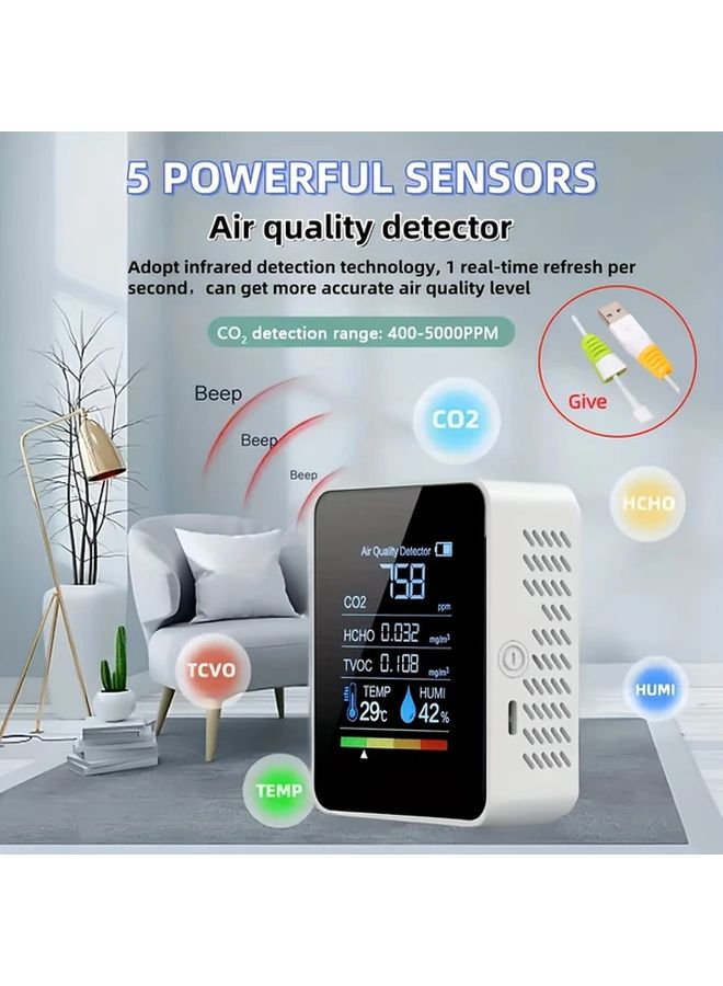 Black 5 In 1 Air Quality Monitor CO2 Humidity Temperature Formaldehyde TVOC Real Time LCD Display USB Rechargeable - Image 1