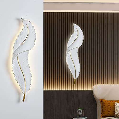 Qufute Feather wall Light Feather Lamp Modern led Wall Sconce White Elegant Feathers Design Creative Unique wall Art Decor Feathers Wall Lighting for Living Room Bedroom Hallway3 Color Mode - Image 1