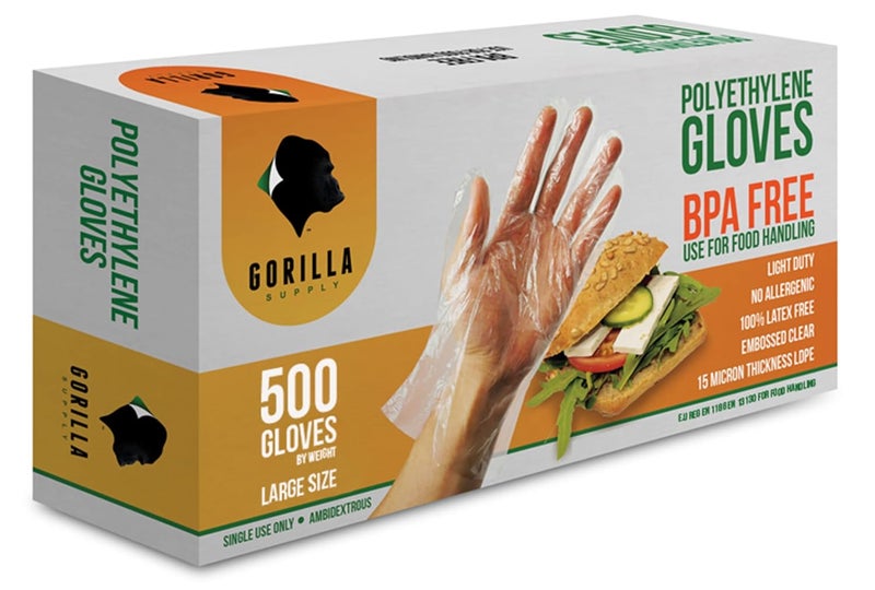 Gorilla Supply 500 BPA Free Premium Disposable Gloves Poly PE LDPE Plastic for Kitchen Food Handling Food Prep Latex & Powder Free (500 Count, Large) - Image 1