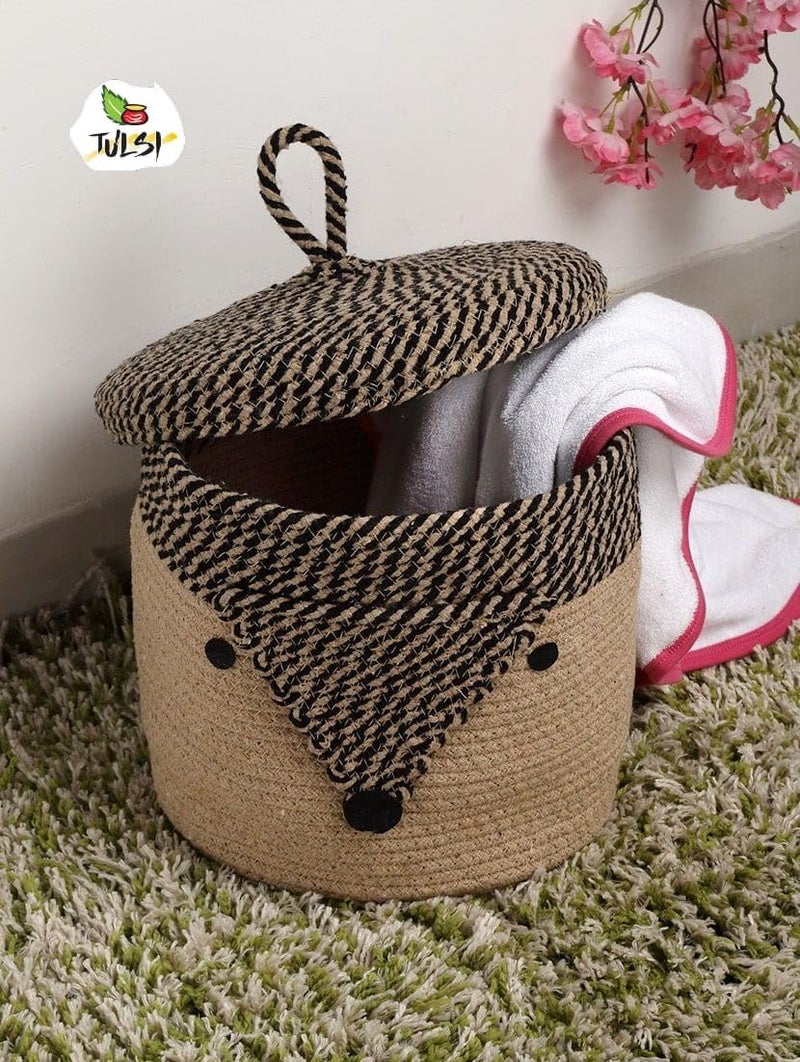 Rosslyn Kids Lid Basket with Beautiful Characters - Rope Storage Basket for Baby Diaper, Stuffed Animal Storage Bin Rope Basket for Kids Toy, Baby Laundry Baskets with lid - Foxx - Image 2