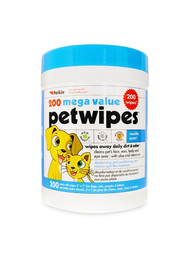 بيتكين مناديل Petkin Mega PetWipes، 200 منديل - مناديل مبللة للحيوانات الأليفة للكلاب والقطط - للوجه والكفوف والأذنين والجسم ومنطقة العين - مناديل تنظيف الكلاب فائقة الراحة، مثالية للمنزل أو السفر - سهلة الاستخدام - Image 1
