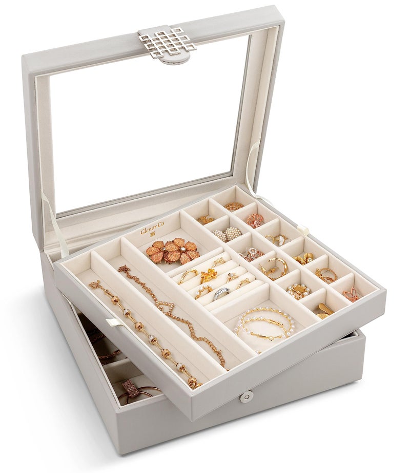 Glenor Co 28 Section Jewelry Box  2 Layer  Buckle Snap  Magnet Closure  Large Glass Top  Leather Design  Grey  Jewelry Organizer for Women  Girls  for Earring Ring Necklace  Bracelet