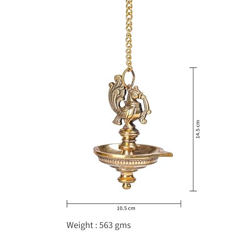 Bhimonee Decor Handmade Ethnic Peacock Design 1 Oil Wick Brass Hanging Diya, Brass Diyas for Decoration, Medium, Pack of 1, Hanging Decorative Items - Image 4