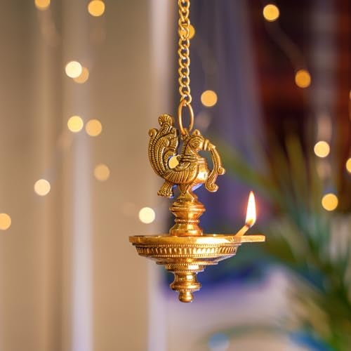 Bhimonee Decor Handmade Ethnic Peacock Design 1 Oil Wick Brass Hanging Diya, Brass Diyas for Decoration, Medium, Pack of 1, Hanging Decorative Items - Image 1