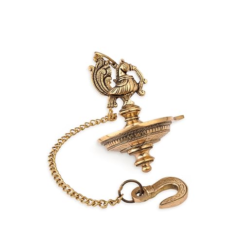 Bhimonee Decor Handmade Ethnic Peacock Design 1 Oil Wick Brass Hanging Diya, Brass Diyas for Decoration, Medium, Pack of 1, Hanging Decorative Items - Image 2