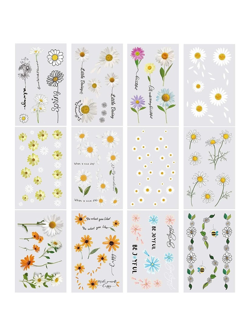 SYOSI - 3D Daisy Temporary Tattoos for Women Girls Flowers Fake Tattoos Body Art Stickers for Hand Neck Wrist Arm 12 Sheets - Image 1