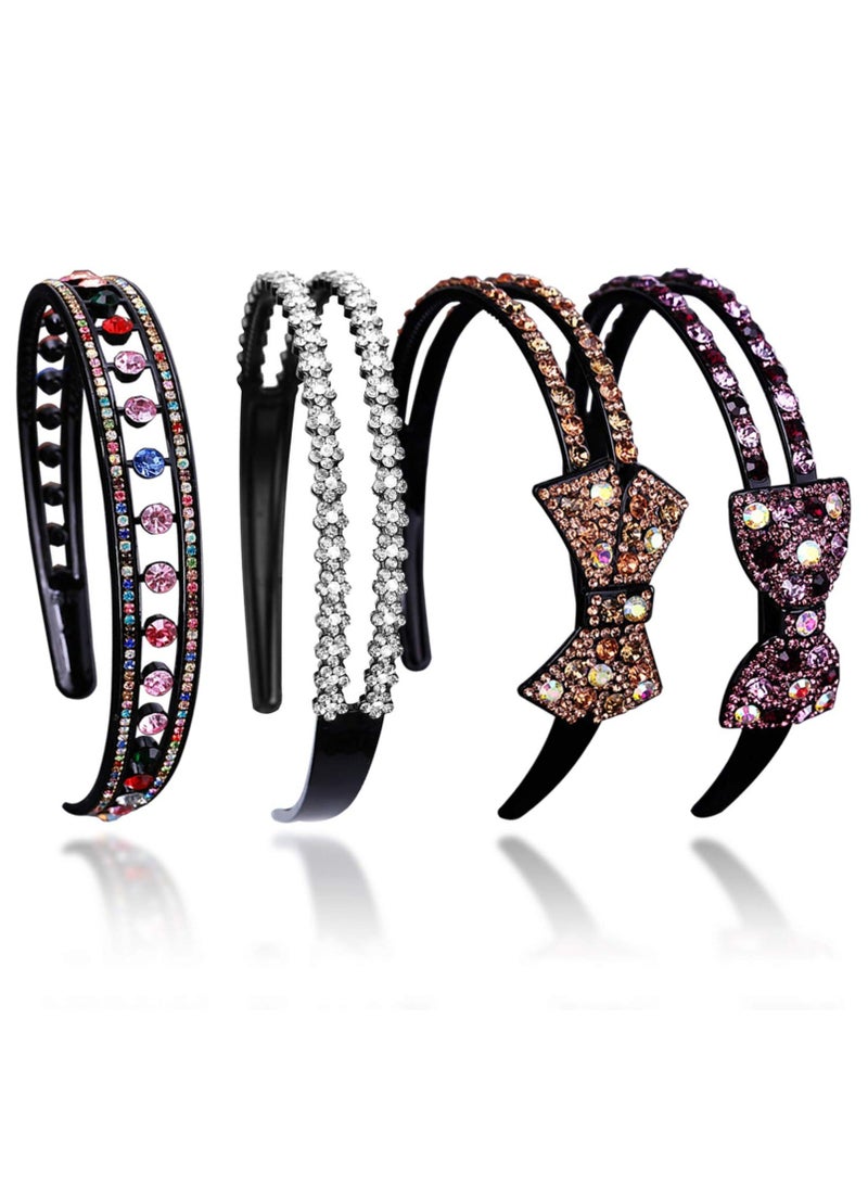 إسكدنيا 4 Pack Rhinestone Headbands Non Slip Plastic Hair Band Hoop with Double Rows Crystal Hairbands Accessories Sparkly Headband Teeth Comb for Women Girls Multiple Color - Image 1
