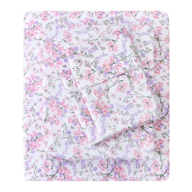 Mooreeke Cozy Vintage Microfiber Printed Twin Sheet Set - Soft Breathable Floral Bed Sheets with Deep Pocket - Non-Slip Fitted Design - Pink Purple Flowers Pattern - Image 1
