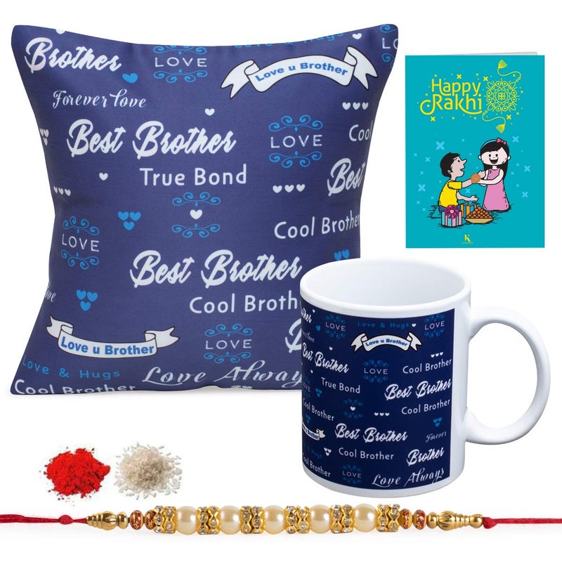 Kaameri Bazaar Rakhi Gift for Brother Best bro Ever Quote Printed Cushion with Filler MugRakhi for Brother Roli Greeting Card Raksha bandhan Gift for Brother bhai Men - Image 1