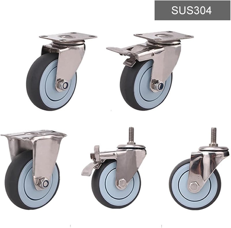 3 Inch Screw Brake Casters 304 Stainless Steel Soft Rubber Tread Silent No Rust Wheels - Image 3