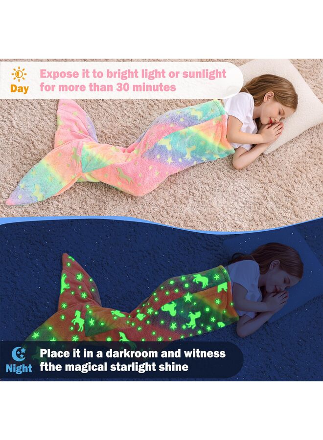 يُسلِّم بطانية ذيل حورية البحر المضيئة في الظلام، مقاس 19×39 بوصة، مصنوعة من الفلانيل، هدايا للبنات، يونيكورن مضيء، فائقة النعومة، صبغات ربط للفتيات (أخضر) - Image 4