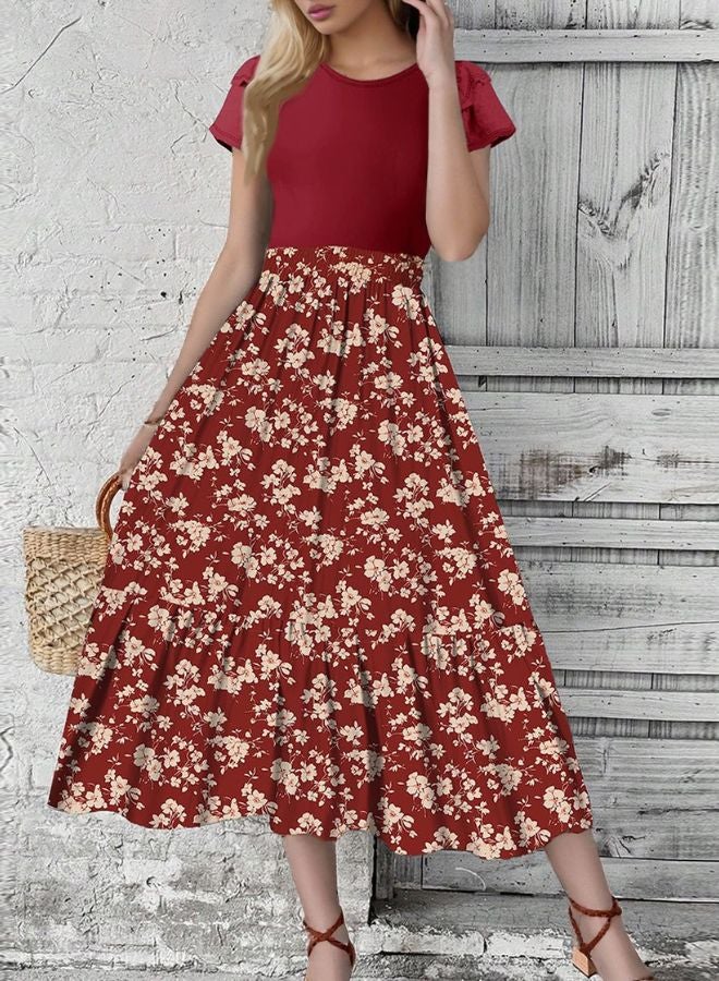 Tepveisoy Women's floral print high waist fashionable stitching elegant temperament dress  - Image 2