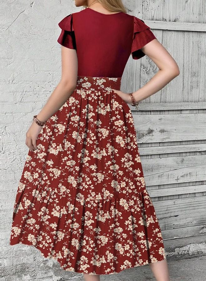 Tepveisoy Women's floral print high waist fashionable stitching elegant temperament dress  - Image 1