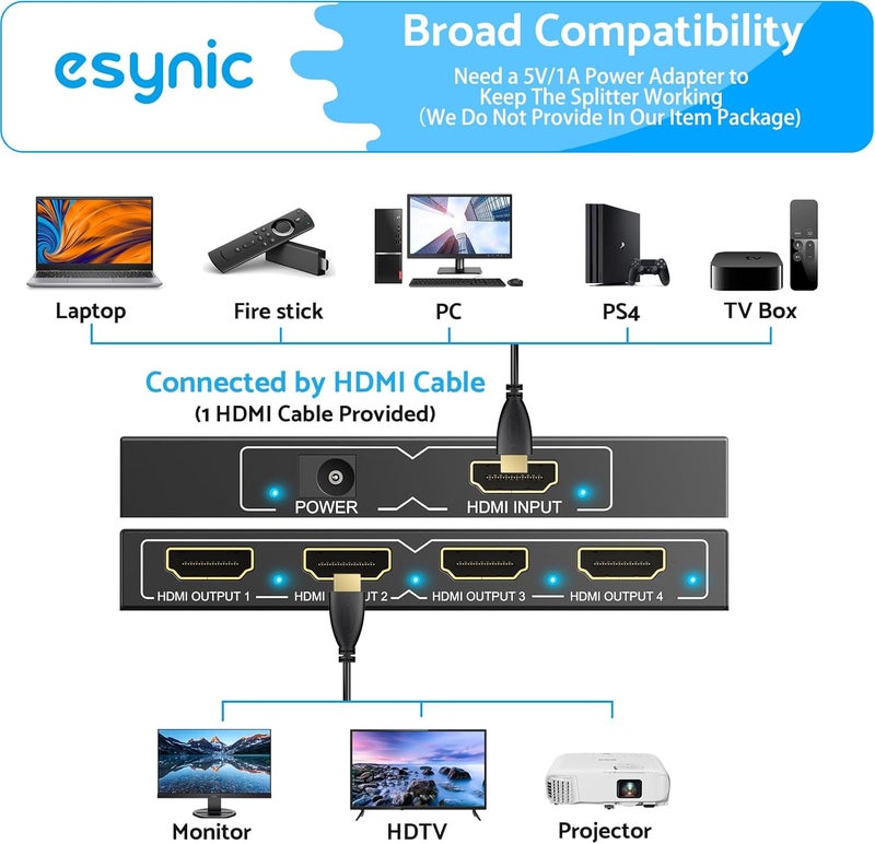 eSynic Professional HDMI Splitter 1 in 4 Out 4K@30HZ 4 Way HDMI Adapter 4k HDCP 1.4 Hdcp Bypass Splitter Plug&Play for Fire Stick PS4 Blu-ray Player etc[No Extend Mode][No Switcher][No CEC] - Image 2