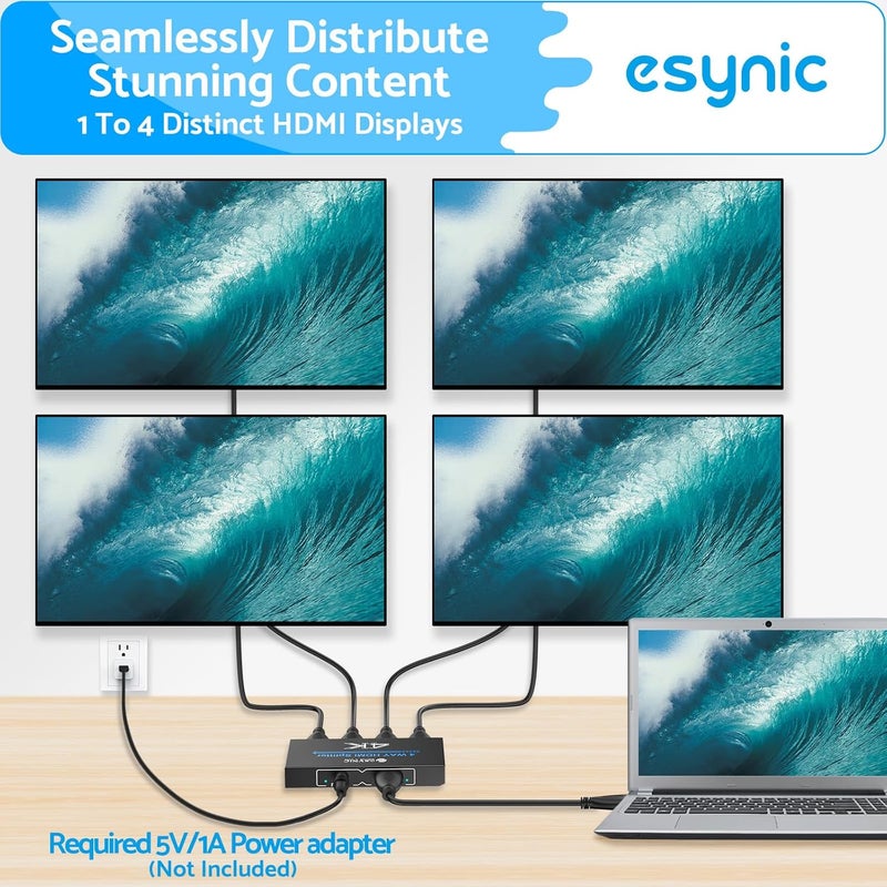 eSynic Professional HDMI Splitter 1 in 4 Out 4K@30HZ 4 Way HDMI Adapter 4k HDCP 1.4 Hdcp Bypass Splitter Plug&Play for Fire Stick PS4 Blu-ray Player etc[No Extend Mode][No Switcher][No CEC] - Image 3