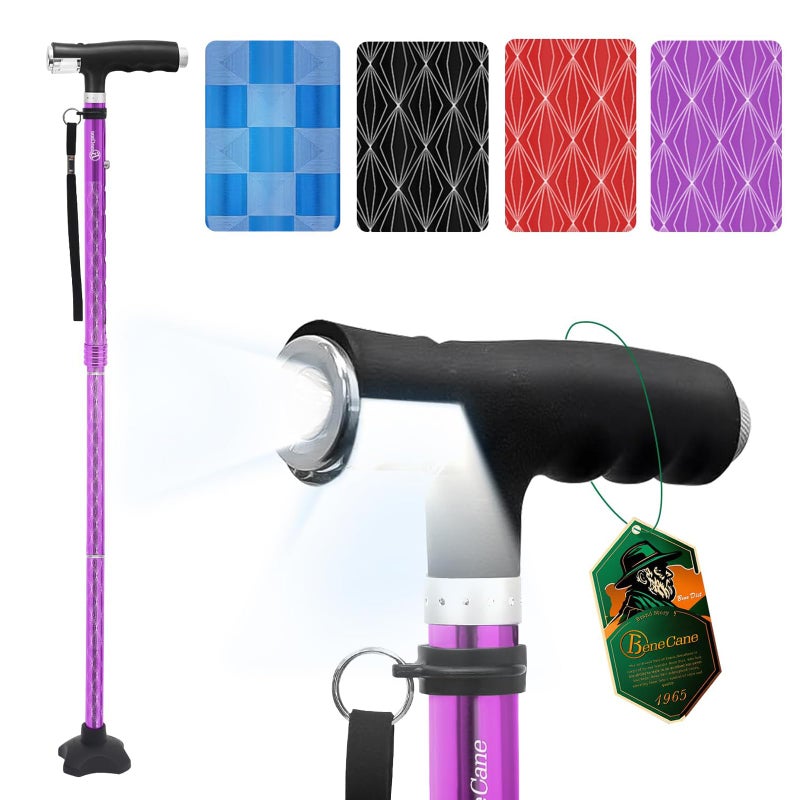 BeneCane Walking Cane for Women Folding Cane for Men with Two Led Lights Quad Cane with Stable Base Lightweight and Adjustable Walking Stick - Image 3