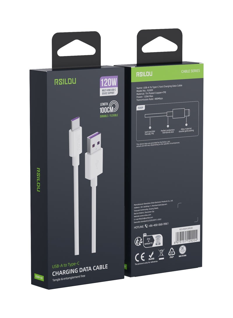 rsilou R2009-001 USB-C to USB-A Cable, 120W, High Durability and flexible, Fast charging and data cable, 1M, 3A,  Transmission Copper 163 Wires , Tangle and Entanglement free white - Image 2