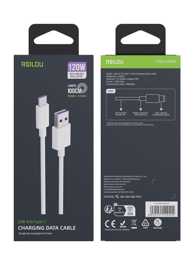 rsilou R2009-001 USB-C to USB-A Cable, 120W, High Durability and flexible, Fast charging and data cable, 1M, 3A,  Transmission Copper 163 Wires , Tangle and Entanglement free white - Image 3