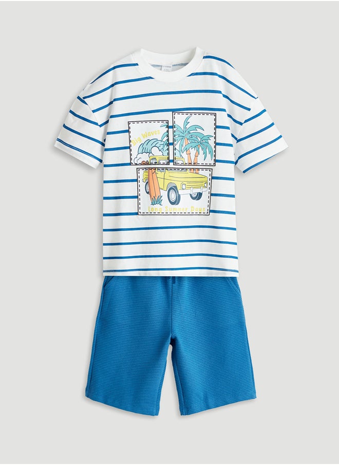 LC WAIKIKI Crew Neck Printed Boy T-Shirt and Shorts 2 Pack Summer  - Image 1