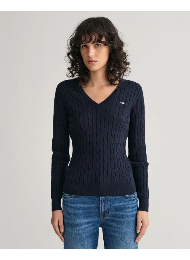 GANT Gant Stretch Cotton Cable Knit V-Neck Sweater