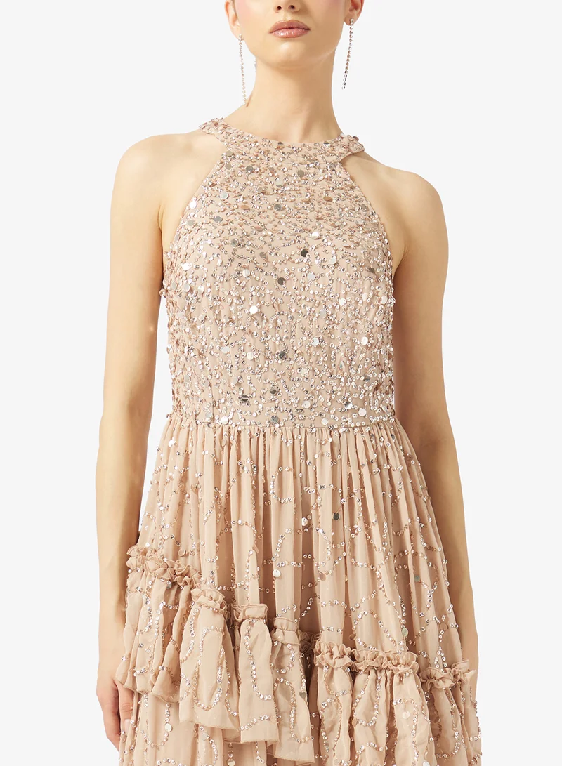 Maya  Ruffle Embellished Halter Neck Maxi Dress for Women | Best Price UAE