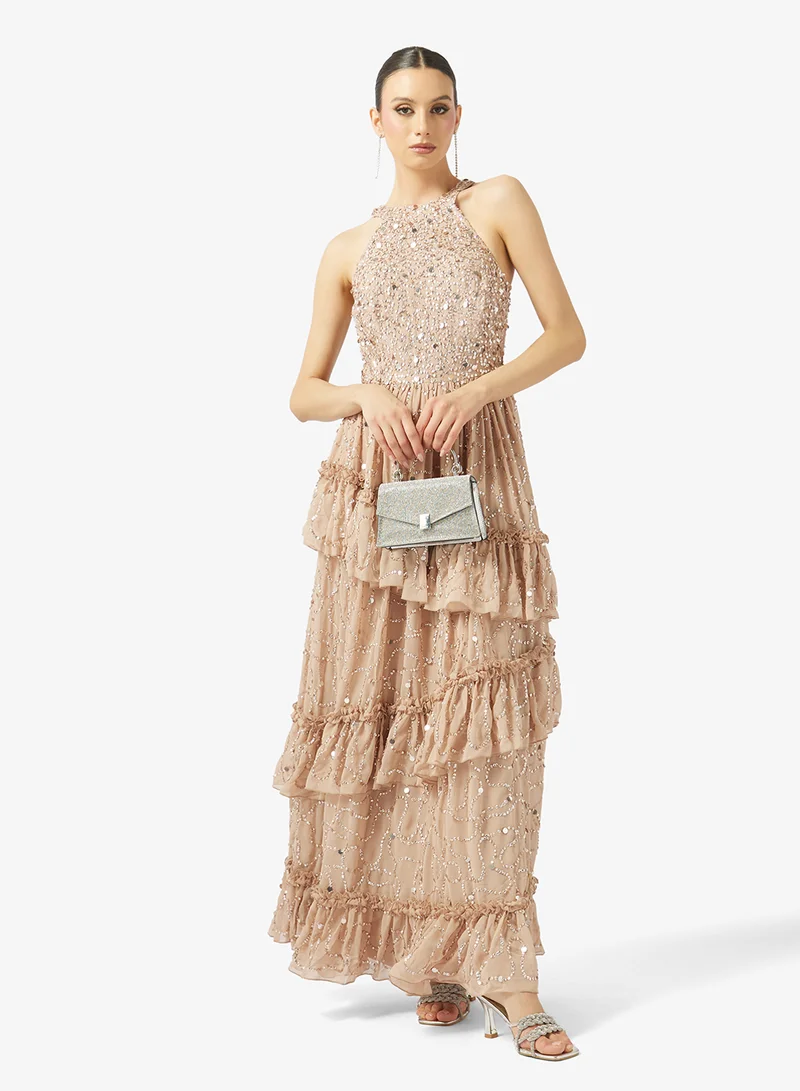 Maya  Ruffle Embellished Halter Neck Maxi Dress for Women | Best Price UAE