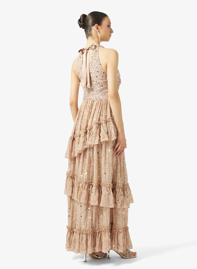 Maya Ruffle Embellished Halter Neck Maxi Dress