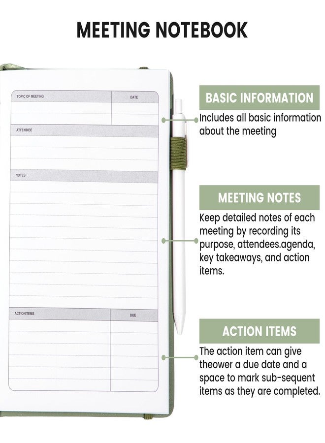 Yoment Meeting Notebook for Work with Action Items Hardcover Leather 5.5X 8.5 Office Project Planner for Women Men Meeting Notes Notebooks for Work, Green - Image 2