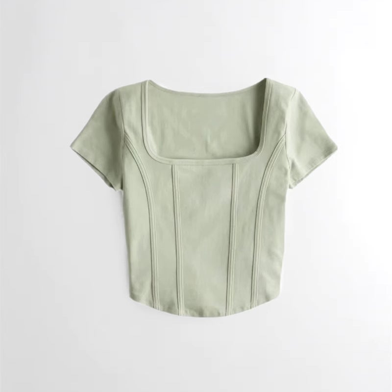 Pure Desire Style Small Seagull Short Girl Top Women'S Summer Square Collar Slim Elastic Design Fishbone Short Sleeve T-Shirt - Image 5