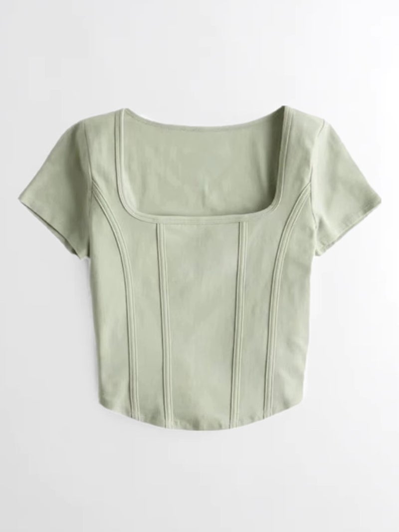 Pure Desire Style Small Seagull Short Girl Top Women'S Summer Square Collar Slim Elastic Design Fishbone Short Sleeve T-Shirt - Image 4