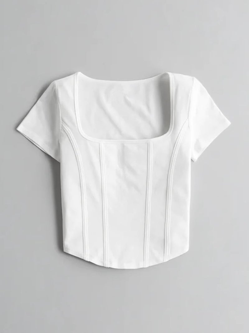 Pure Desire Style Small Seagull Short Girl Top Women'S Summer Square Collar Slim Elastic Design Fishbone Short Sleeve T-Shirt - Image 3