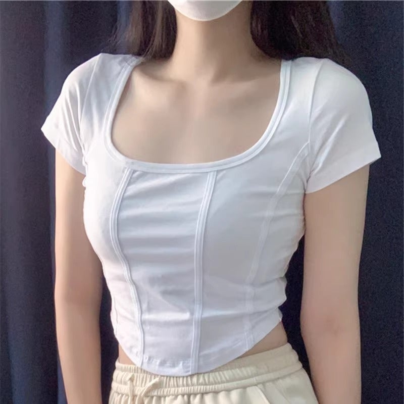 Pure Desire Style Small Seagull Short Girl Top Women'S Summer Square Collar Slim Elastic Design Fishbone Short Sleeve T-Shirt - Image 2