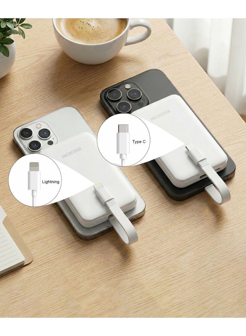 MICRODIA SNAPPower Traveler 10000mAh Magnetic Power Bank, PD 35W MagSafe Wireless Charger With convertible  USB-C to Lightning Cable for iPhone 16 Pro Max, Samsung S25 Ultra – White - Image 3