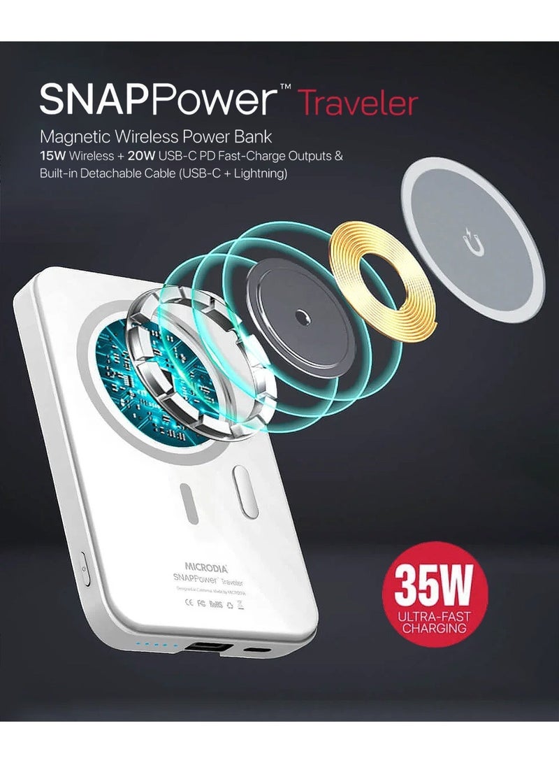 MICRODIA SNAPPower Traveler 10000mAh Magnetic Power Bank, PD 35W MagSafe Wireless Charger With convertible  USB-C to Lightning Cable for iPhone 16 Pro Max, Samsung S25 Ultra – White - Image 2