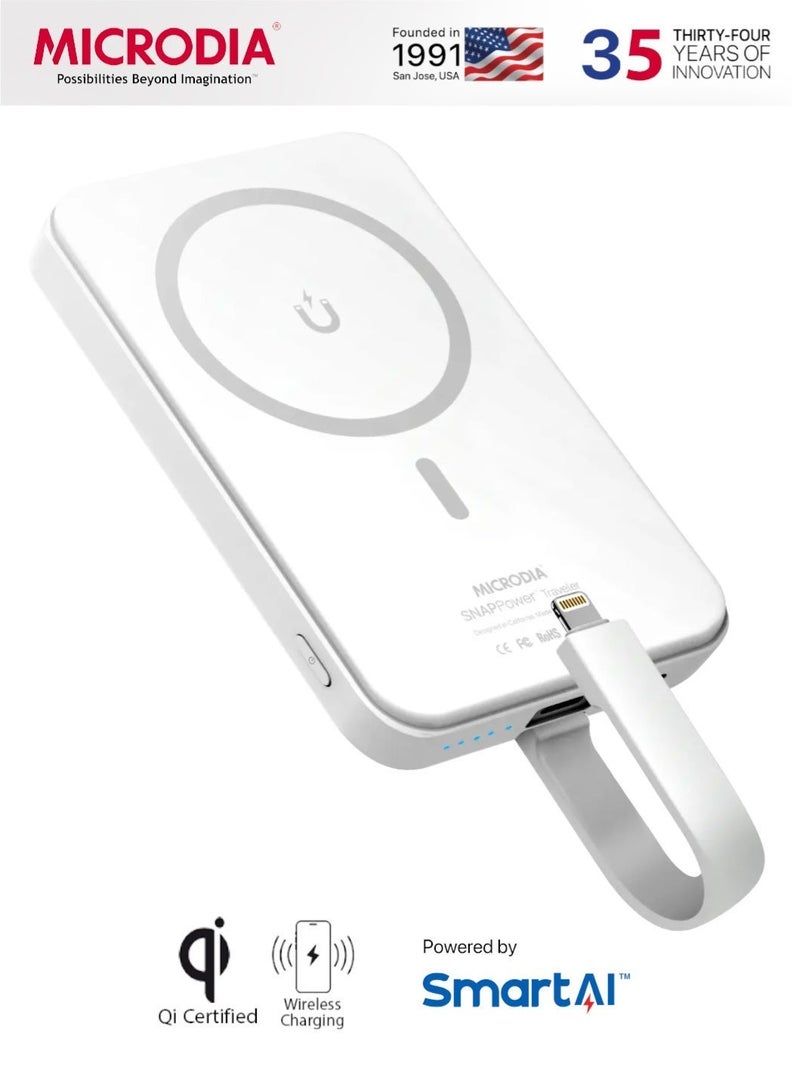 MICRODIA SNAPPower Traveler 10000mAh Magnetic Power Bank, PD 35W MagSafe Wireless Charger With convertible  USB-C to Lightning Cable for iPhone 16 Pro Max, Samsung S25 Ultra – White - Image 1