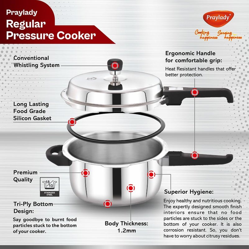 Praylady Stainless Steel Pressure Cooker With Outer Lid Induction Compatible Pressure Cooker Cooker Capacity 5 Litre Silver - Image 5