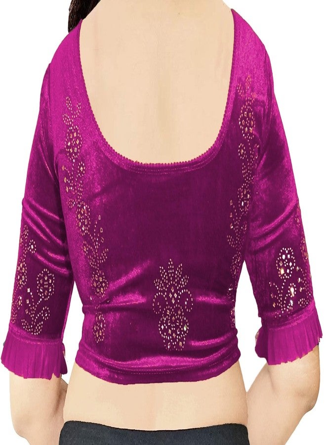 MagicStyle Creation Stylish Stone Work Stretchable Soft Velvet Readymade Saree Blouse for Women Latest Round Neck, Half Sleeves with Frill Wine Size 28" - Image 4