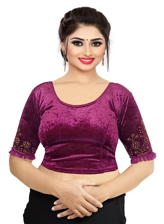 MagicStyle Creation Stylish Stone Work Stretchable Soft Velvet Readymade Saree Blouse for Women Latest Round Neck, Half Sleeves with Frill Wine Size 28" - Image 2