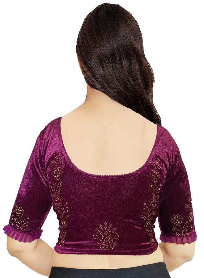MagicStyle Creation Stylish Stone Work Stretchable Soft Velvet Readymade Saree Blouse for Women Latest Round Neck, Half Sleeves with Frill Wine Size 28" - Image 1