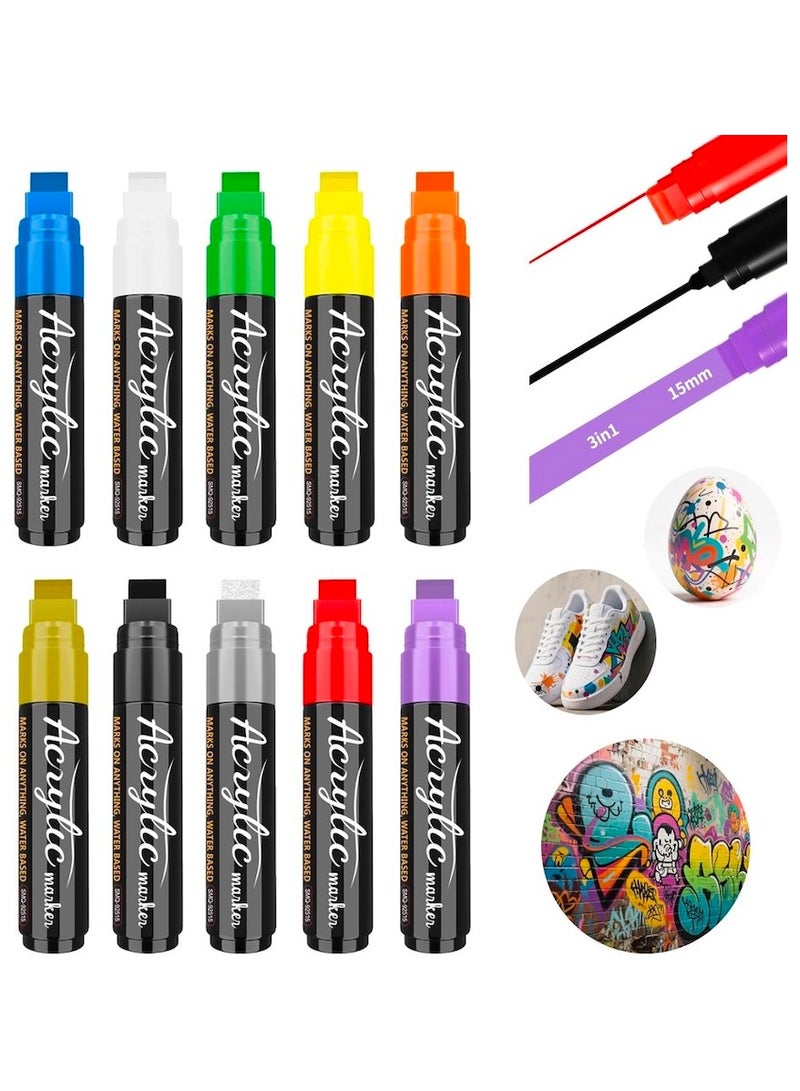 10PCS Jumbo Acrylic Paint Markers, 8 Bold Colors + 2 Metallic Shades Poster Markers with 15mm Wide Jumbo Tip, Waterproof and Permanent Ink Paint Pens for Murals, Tagging, Posters - Large for Rock, Wood, Plastic, Leather, Metal, Fabric, Ceramic - Image 1