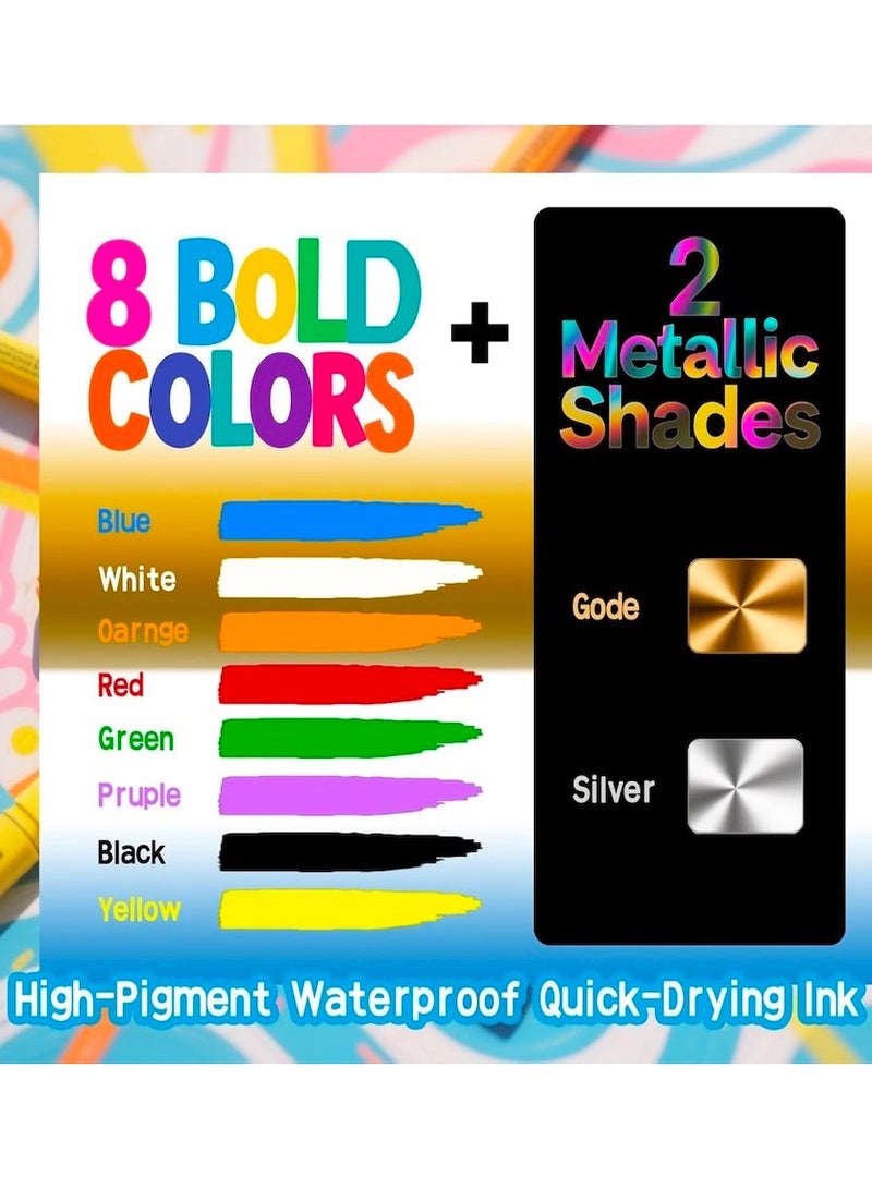 10PCS Jumbo Acrylic Paint Markers, 8 Bold Colors + 2 Metallic Shades Poster Markers with 15mm Wide Jumbo Tip, Waterproof and Permanent Ink Paint Pens for Murals, Tagging, Posters - Large for Rock, Wood, Plastic, Leather, Metal, Fabric, Ceramic - Image 3
