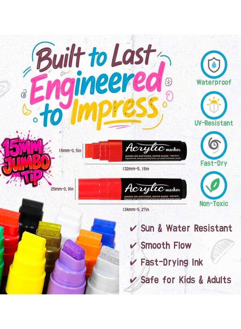 10PCS Jumbo Acrylic Paint Markers, 8 Bold Colors + 2 Metallic Shades Poster Markers with 15mm Wide Jumbo Tip, Waterproof and Permanent Ink Paint Pens for Murals, Tagging, Posters - Large for Rock, Wood, Plastic, Leather, Metal, Fabric, Ceramic - Image 5