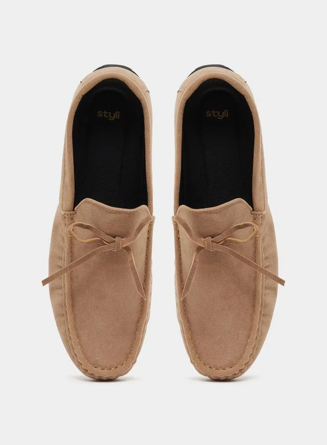 Styli Textured Bow Accent Slip In Loafers