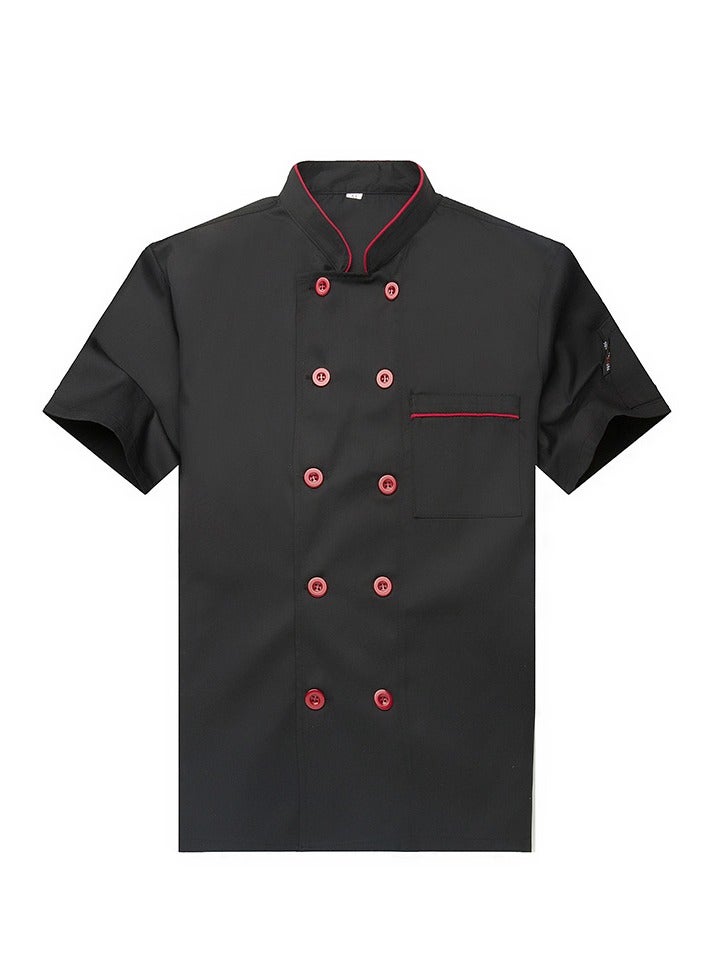 Loquat Summer Short Sleeve Chef Uniform Double-Breasted Stand Collar Waiter T-shirt Black 