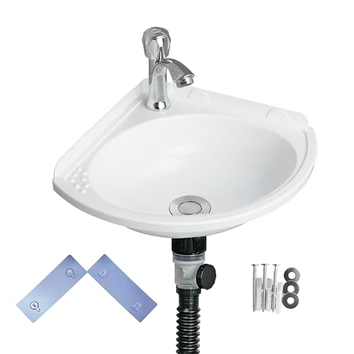 shawoo Small Bathroom Sink Wall Mount Bathroom Corner Sink, Triangular wash basin No-Drill Installation Self-Adhesive 12 x 12 Inch with 1.26 Inch Faucet Hole, Mini Rv sink Plastic Sink for Home, Dorm, Garage - Image 1